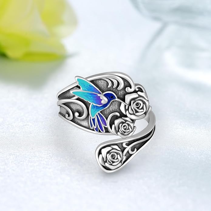 Spoon Rings for Women 925 Sterling Silver Hummingbird/Butterfly/Bee/Red Cardinal/Pink Flamingo Adjustable Thumb Rings Vintage Boho Antique Jewelry Gifts