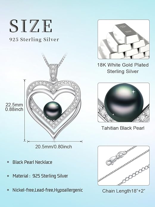 Tahitian Black Pearl AAAA 18K White Gold Plated Sterling Silver Heart Pendant Necklace for Women Wife Mom Girlfriend Valentine Her Jewelry Gift for Anniversary Birthday Christmas