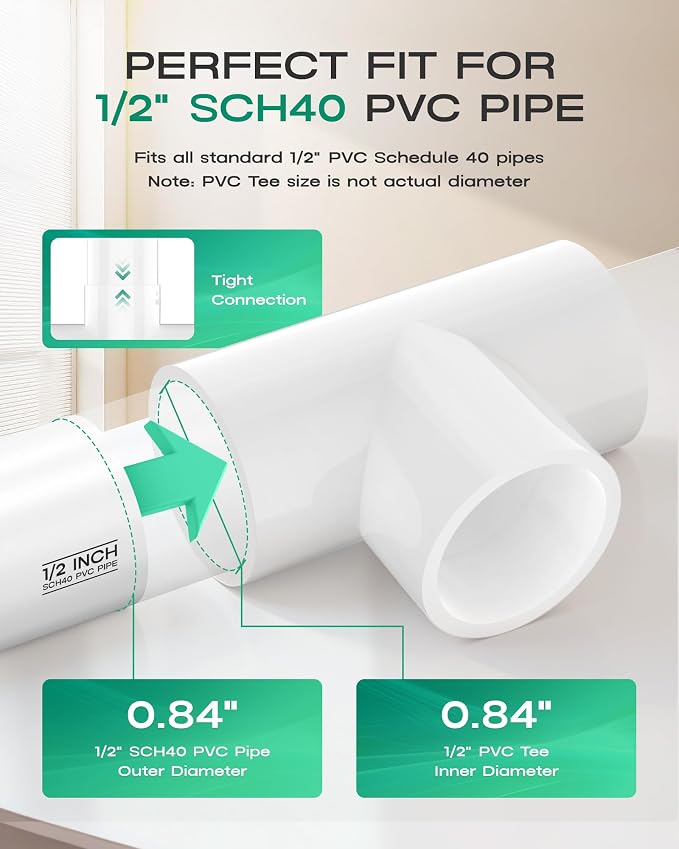 20-Pack 1/2 Inch PVC Tee Pipe Fittings, 3 Way Socket x Socket, Schedule 40 PVC - Image 3