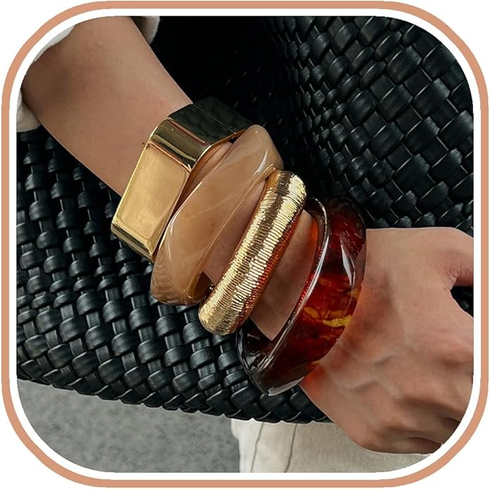 ALEXTINA Vintage Resin Bangle Set for Women – 4PCS Chunky Gold Acrylic Cuff Stack, Red Black Caramel Mix, Bold Summer Statement Bracelets Gift