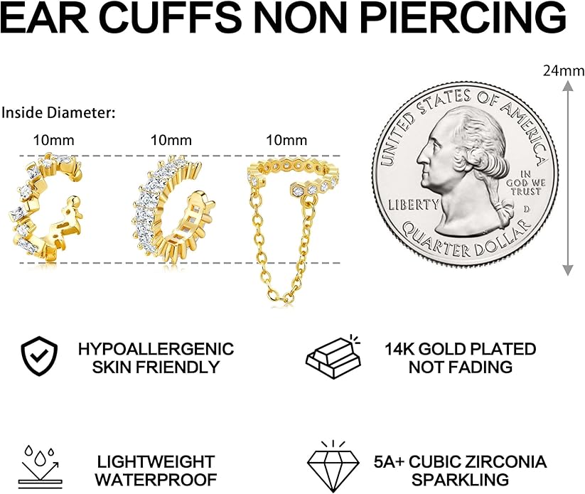 Dochais Ear Cuffs Non-Piercing Earrings for Women Cute Small Clip-On Cartilage Earring 14k Gold Plated Dainty Fake Piercings Earings
