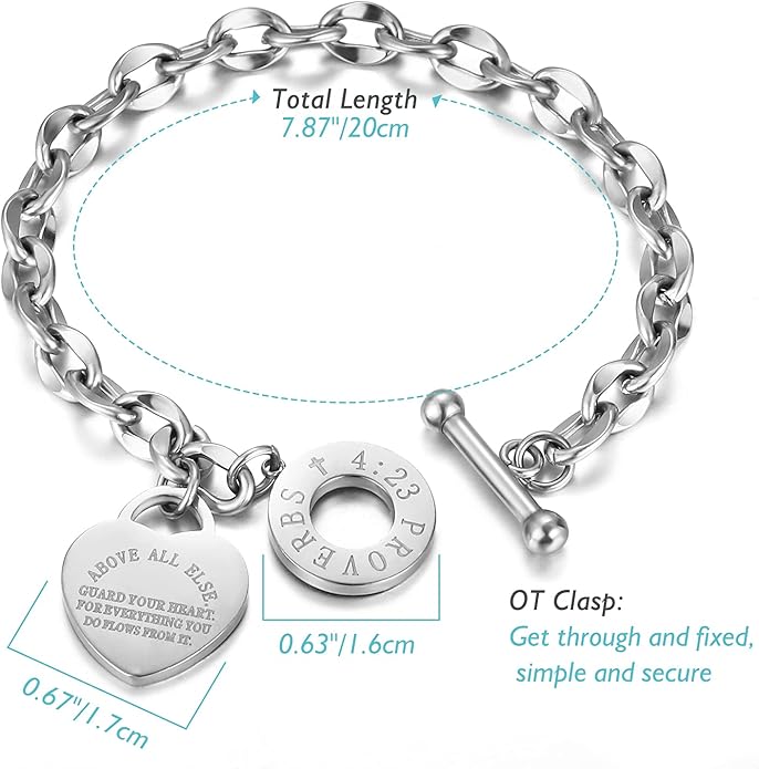 Emibele Heart Charm Bracelet for Women, Bible Verse Bracelet Stainless Steel 18K Gold Plated Bracelet Love Pendant Link Chain OT Clasp, Birthday Christmas Jewelry Gift for Mother Her
