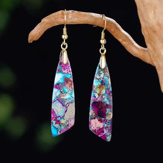 Boho Women Natural Stone Earrings Unique Healing Imperial Jasper Gemstone Energy Hypoallergenic Lightweight Dangle Drop Earrings Multiple Styles Earrings Jewelry for Birthday Party Gift