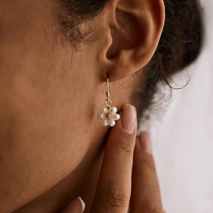 Gold Pearl Dangle Earrings for Women, 14K Gold Plated Small Pearl Drop Huggie Hoop Earrings, Hypoallergenic Dainty Gold Earrings Wedding Jewelry Gifts for Women Trendy