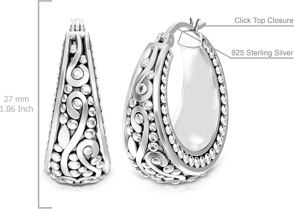 LeCalla 925 Sterling Silver Bali-Style Hoop Earrings Lightweight Click-Top Antique Two-Tone Beaded Italian Bali Style Earring Hoops for Women