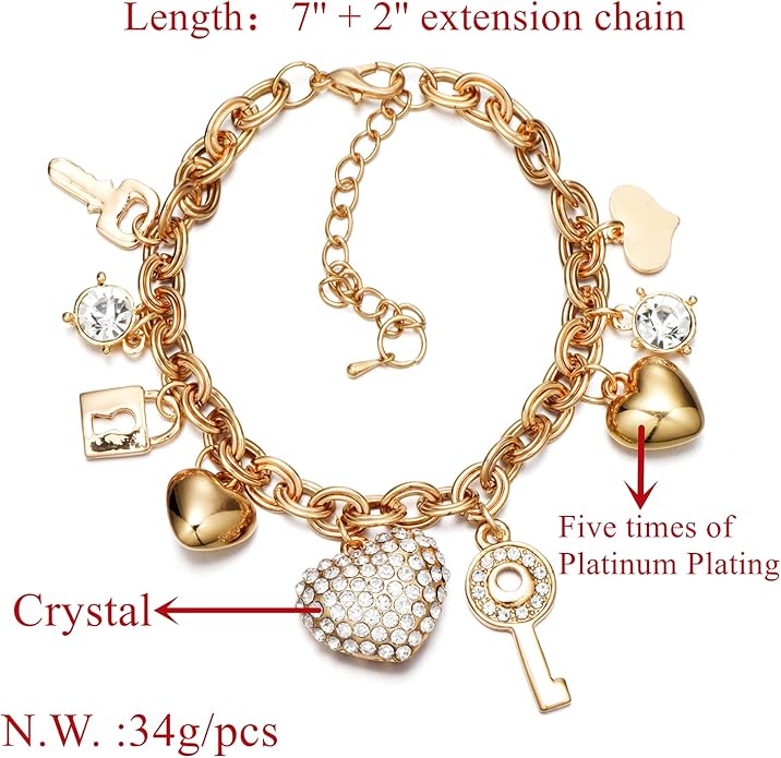 SILANER Gold Chain Link Bracelet - 7"+ 2" Extender 14K Gold Plated Love Locked Bracelets for Women, with Crystal, Love Heart,Key, Lock, Charm Bracelet