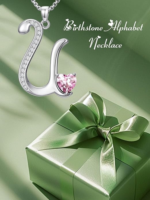 Valentines Day Gifts for Women Alphabet A to Z Initial Birthstone Pendant Necklaces for Women - 18k White Gold Plated Personalized Name Jewelry Valentine Mothers Day Birthday Gifts for Women Her Girlfriend