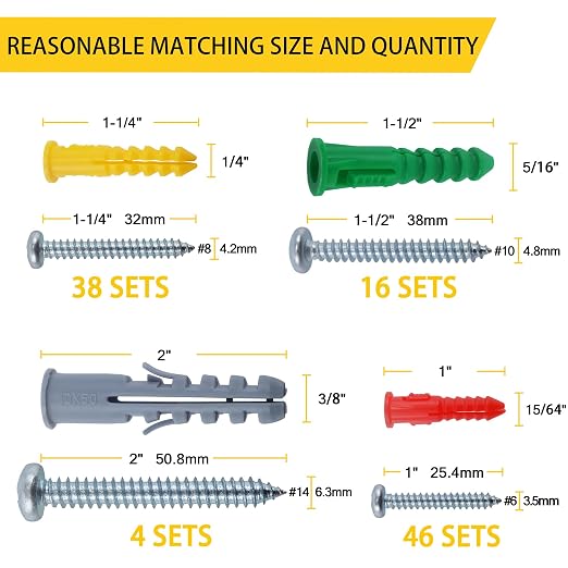 JEGONFRI 208PCS Drywall Anchors & Screws Kit, 4 Sizes, Wall Anchors | Versatile - Image 2