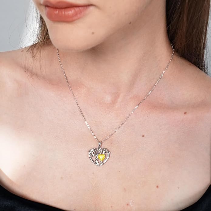 Tree of Life Necklaces for Women 925 Sterling Silver Heart Pendant Birthstone Necklace Created Gemstone Jewelry for Her, 18"+2"