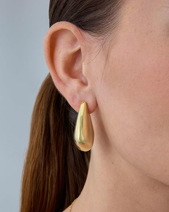 PAVOI 14K Gold Plated 925 Sterling Silver Posts Statement Earrings for Women - Geometric Dome Teardrop Drop Dangle Hoop Chunky Gold Earrings