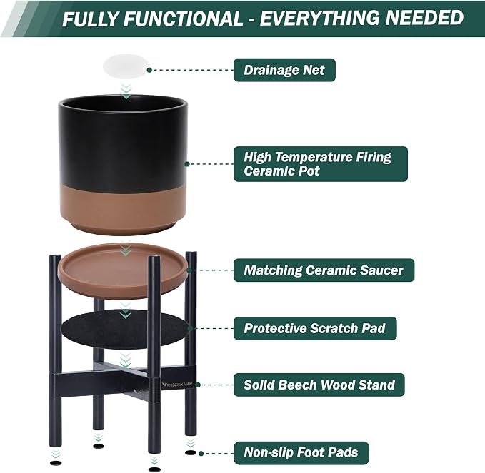 D'vine Dev Ceramic Pot with Ebony Wood Stand, 10 in, 55-B-L-7 | Mid-Century - Image 5