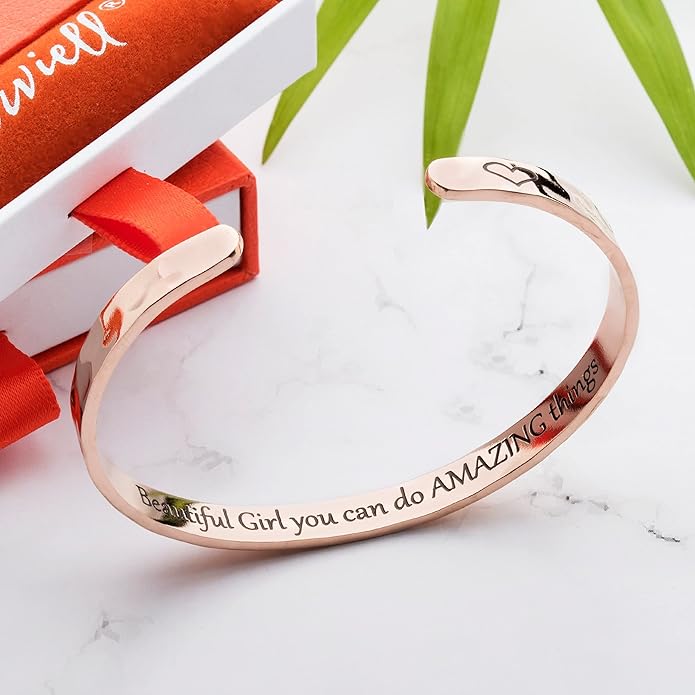 Carviell Engraved Cuff Bracelets for Women – Inspirational, Friendship, Love, Mom, Daughter, Sister, Christian, Graduation, Memorial & Wedding Gifts – 80+ Phrases – Stainless Steel, Gift-Ready