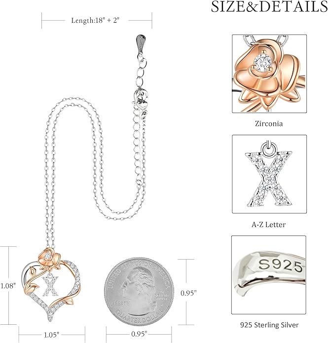 Valentines Day Gifts Rose Heart Letter Initial Necklace for Women, S925 Sterling Silver Pendant Necklace Adjustable Dainty Rose Flower Jewelry Gift for Her