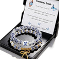 Butterfly Charm Bracelet Set - Blue and White Porcelain Beaded, Adjustable Vintage Stretch Bracelets for Women, Handmade Dainty Jewelry Gift