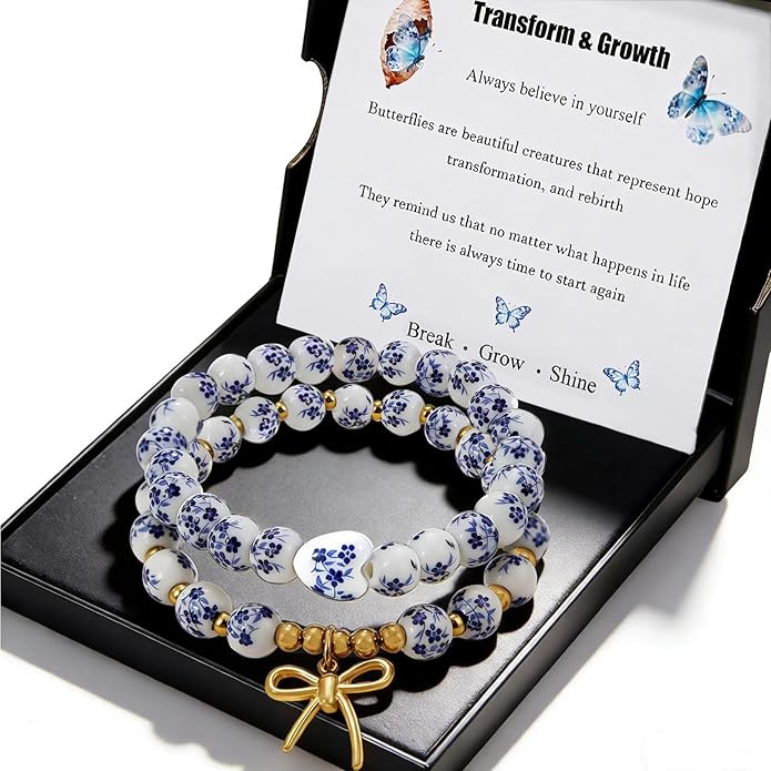 Butterfly Charm Bracelet Set - Blue and White Porcelain Beaded, Adjustable Vintage Stretch Bracelets for Women, Handmade Dainty Jewelry Gift