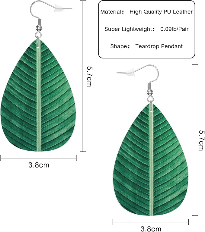 Green Leaves Fashion Leather Teardrop Ear Rings Exotic Palm Leaves Jungle Banana Leather Leaf Earrings Jewelry For Women Friends