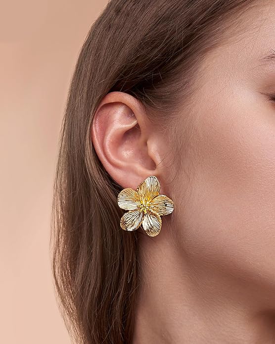 18K Gold Plated Large Chunky Flower Statement Earrings for Women by SNGIA, Summer Beach Floral Handmade Drop Jewelry, Maximalist Wedding Date Birthday Gift, Bold Exaggerated Textured Dangle Trendy Ribbed Jewelry, 18K Gold Plated Chandelier Fashion Acce...