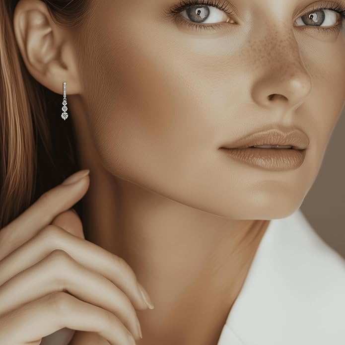 Moissanite Three-stone Diamond Drop Earrings for Women S925 Rodium Vermeil Sterling Silver Trilogy Dangle for Wife Girlfriend Mom Gifts for Her Daughter on Birthday Wedding Anniversary
