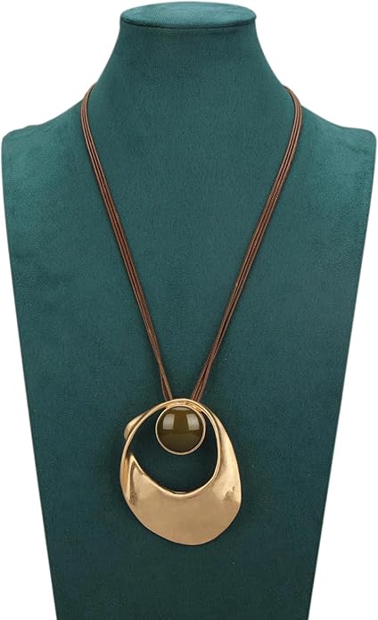 GelConnie Leather Necklace for Women Large Pendant Long Brown Necklace Circle Leather Choker Vintage Sweater Necklace Gold Chunky Boho Necklaces for Women