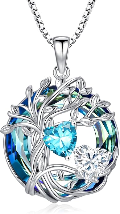 TOUPOP s925 Sterling Silver Family Celtic Tree of Life Pendant Necklaces with 2 Heart Birthstone with Blue Austrian Crystal Jewelry Birthday Valentines Day Gifts for Her, Anniversary Christmas Gifts for Wife Girlfriend Mom (18K Real White Gold Filled)