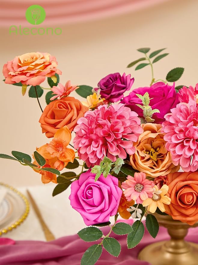 Alecono Orange and Hot Pink Artificial Flowers, Silk Fake Floral Set | - Image 5