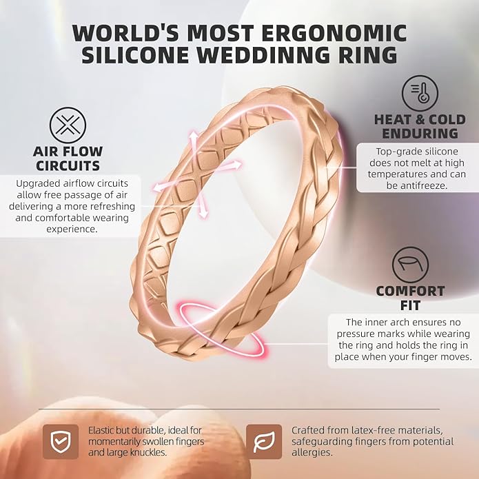 Egnaro Women's Wedding Bands, Silicone Thin and Stackable Rubber Engagement Ring, Variety Multipack With Breathable Grooves Workout Accessories