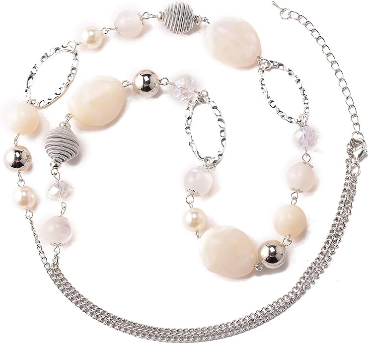 BULINLIN Beaded Long Necklace for Women Silver Sweater Chain Necklace with Crystal Resin Beads, Fashion Jewelry Necklace