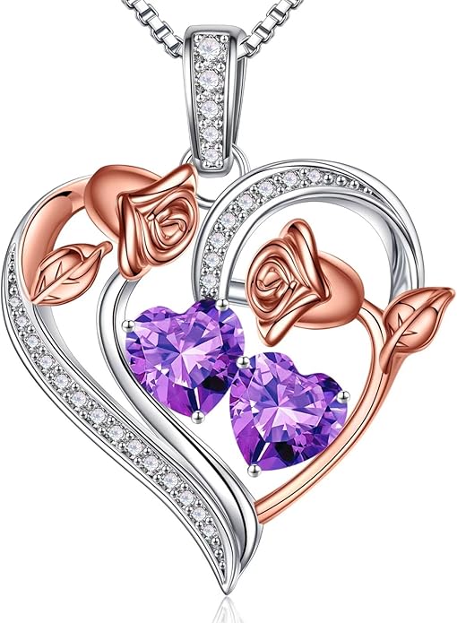 Iefil Valentines Day Gifts for Her - 925 Sterling Silver Rose Heart Necklace, Birthstone Jewelry, Anniversary Birthday Gifts for Wife Girlfriend Mom Daughter