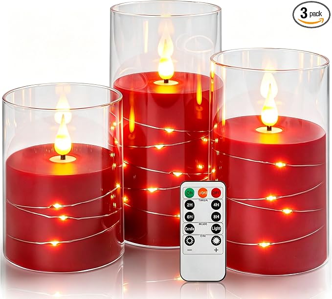 Da by 3 Pack Red Transparent Acrylic Flameless Taper Candles, Flickering Black by Daby