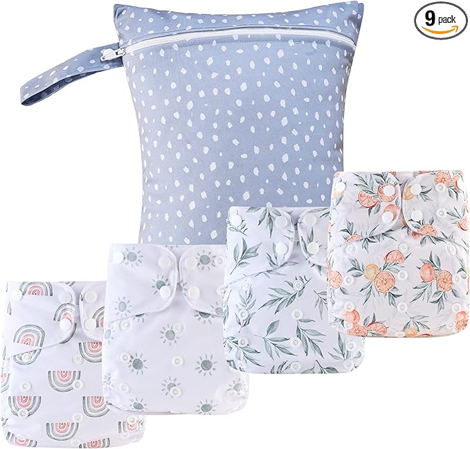 HappyFlute 9 Sets Newborn Baby Cloth Pocket Diapers One Size Adjustable Reusable for Baby Boys and Girls(6-33 pounds,0-3 Years),One Wet Bag+4Diapers and 4Inserts
