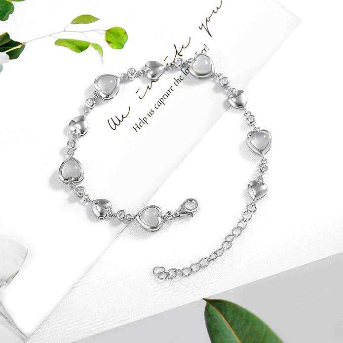 Carleen Birthstone Bracelets for Women 925 Sterling Silver Five Heart Station Created Gemstone Tennis Bracelet Jewelry Anniversary Birthday for Wife, 7"+1.2" Extender