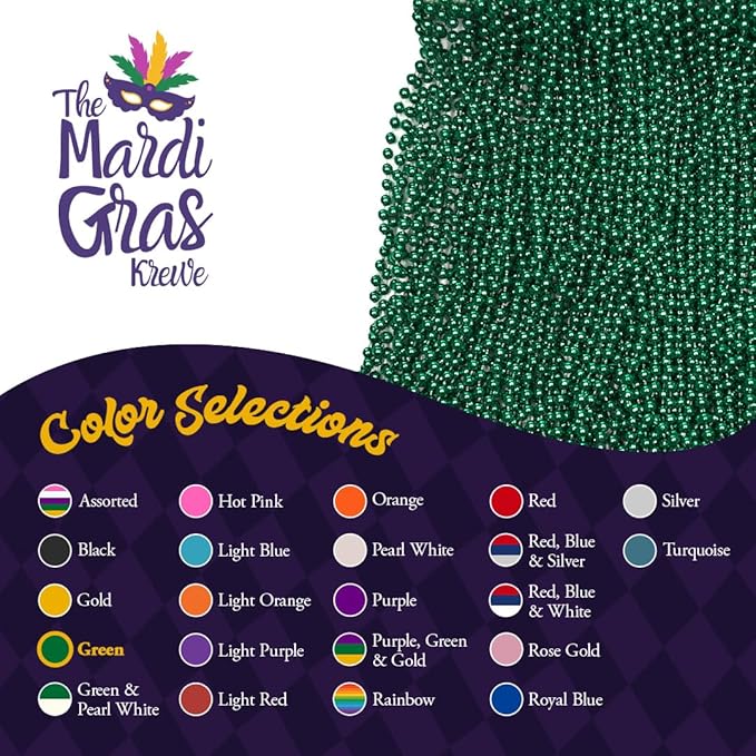 Green Mardi Gras Beads - 33 inch, 7mm, 72 Necklaces, 6 Dozen Bulk Party Decorations