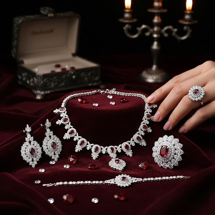 Rhinestone Wedding Bridal Jewelry Set Women's Prom-Style Necklace, Earrings, Bracelet, Ring Bridesmaid Gift Pairs with Evening Gown