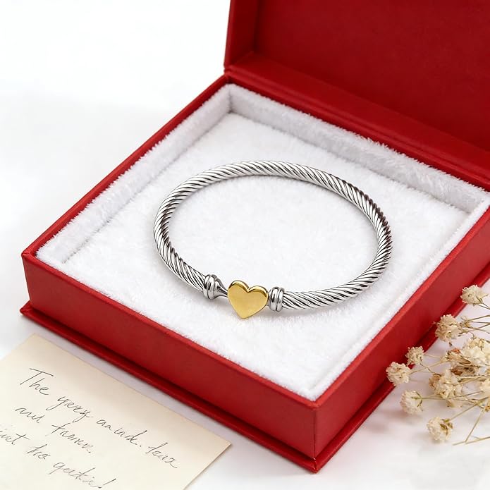 Decpro Adjustable Twist Stainless Steel Cable Bracelet with 14K Gold Plated Love Heart Charm - 4MM Open Bangle Cuff for Women & Men, Gift for Friends, Family, Valentine (6-8cm)
