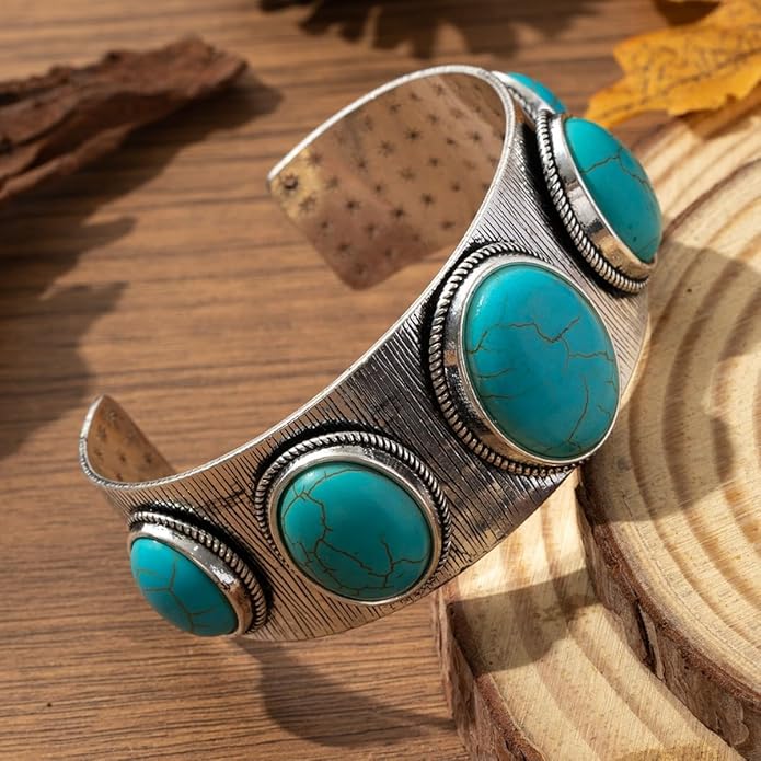 Turquoise Bracelet for Women – Bohemian Western Cuff Bangle, Vintage Cowgirl Jewelry for Rodeo, Country Concert, Rustic Boho Accessories