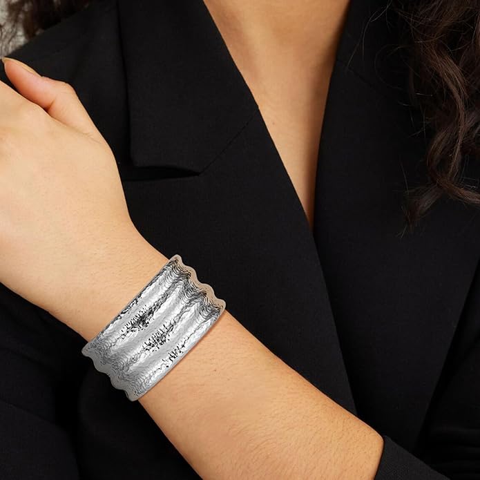 HZMAN 18K Gold Plated Wide Cuff Bracelet for Women - Premium Alloy Shiny Polished Double Layer Statement Bangle, Trendy Daily Wear Party Jewelry Accessory