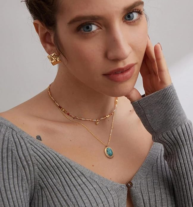 Aobei Pearl 18K Gold Plated Moon Star Lion Evil Eye Love Heart Cross Pendant Necklace Medallion Paperclip Chian Choker Layering Jewery for Women