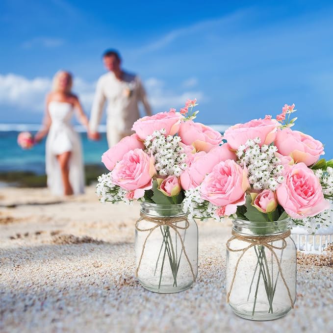 12 Sets Mason Jar Flowers Centerpiece Table Decorations, Coral Pink | Faux - Image 7