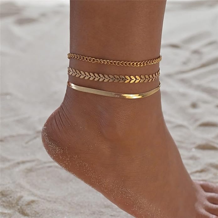 MIDEEO Gold/Silver Ankle Bracelets for Women,14K Gold Anklets for Women Waterproof Cuban Link Heart Beads Herringbone Rhinestone Anklets Set Layered Anklet Bracelets for Women Gold Jewelry Gift