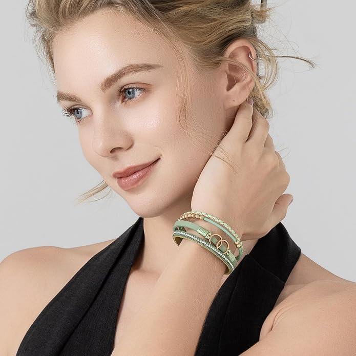 FANCY SHINY Boho Leather Wrap Bracelet Stackable Infinity Chunky Cuff Bracelets Western Hippie Outfits Jewelry Valentine Gifts for Women