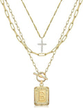 MJartoria Layered Initial Necklaces for Women Trendy, 14K Gold Plated Brass Simple Dainty Cross Choker Square Letter Pendant Necklace, Paperclip Chain Necklaces Jewelry