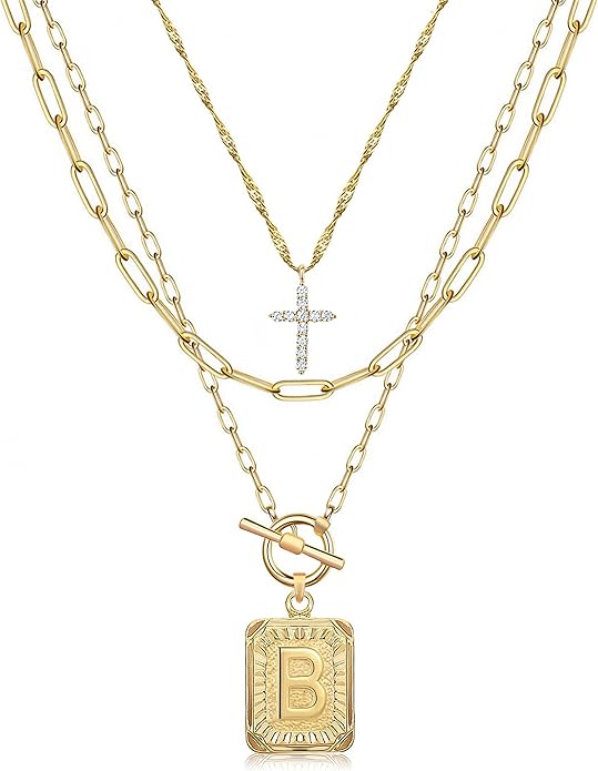 MJartoria Layered Initial Necklaces for Women Trendy, 14K Gold Plated Brass Simple Dainty Cross Choker Square Letter Pendant Necklace, Paperclip Chain Necklaces Jewelry
