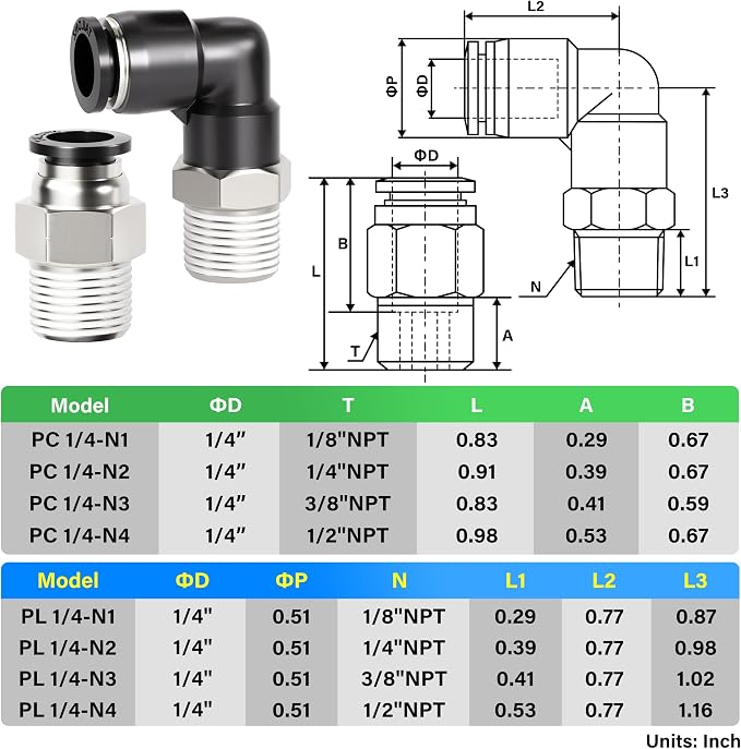 TAILONZ 1/4" x 1/8" NPT Push to Connect Straight & Elbow Fitting Kit 12pcs | - Image 2