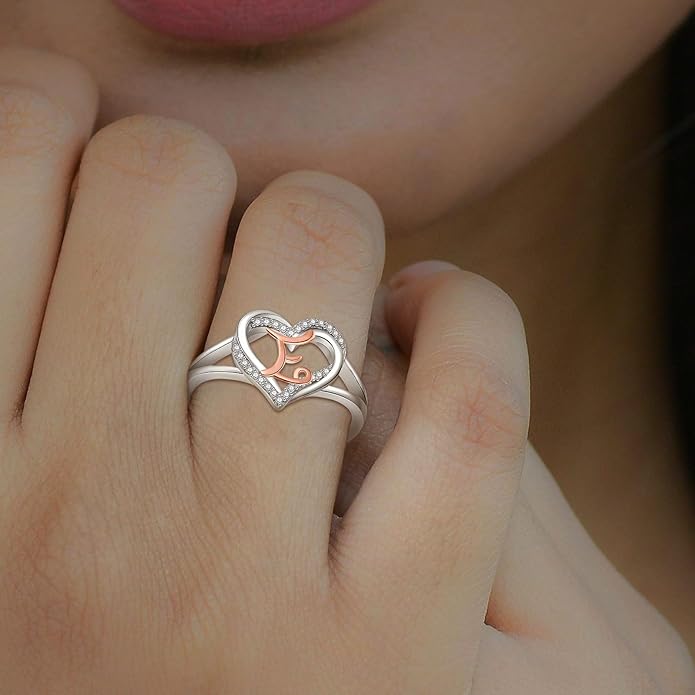 INFUSEU 925 Sterling Silver Initial Heart Ring for Women Girls, Adjustable Size