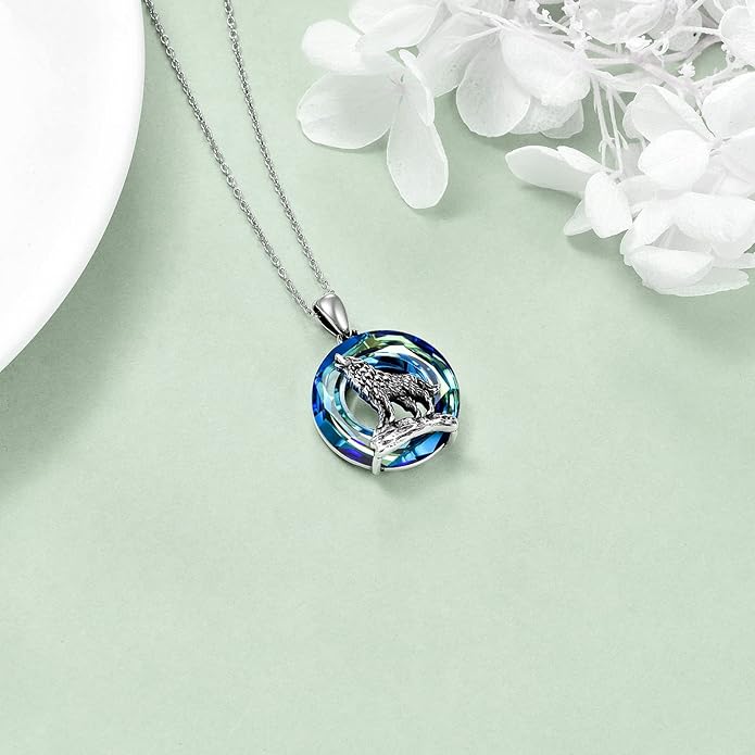 YFN Wolf Necklace Gifts for Men Women Sterling Silver Opal Moon Wolfs Jewelry Birthday 18+2"