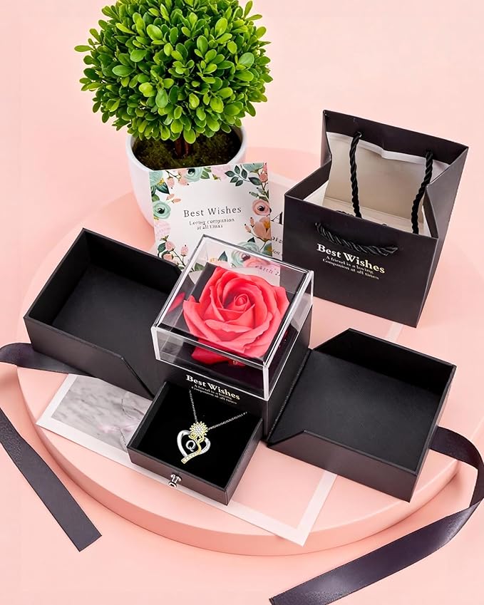 Birthday Gifts for Women Preserved Real Rose with Sunflower Initial Necklace - Birthday Gifts for Women Her Mom Wife on Valentines Mothers Day Christmas Anniversary Romantic with Pendant Q