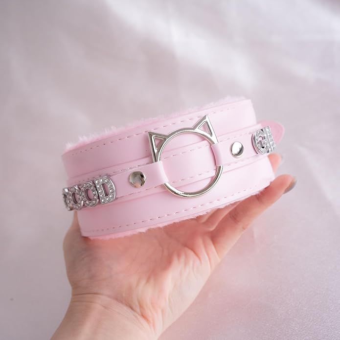Handmade Collar Choker Necklace for Women – Cat Ear O-Ring Punk Goth Letter Choker,Black/Pink Furry Alt Fashion Jewelry