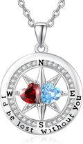 Compass Necklace for Women, Exquisite S925 Valentines Day Anniversary Birthday Gifts for Wife Her Double Birthstone Pendant Jewelry ‘I'd be Lost Without You’