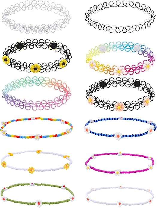 BodyJ4You 12PC Tattoo Choker Necklace for Women - 90s Choker Necklaces Y2K Fashion Trendy Vintage - Emo Black Choker Rainbow Pink White Purple Neon Green Blue Daisy Flower