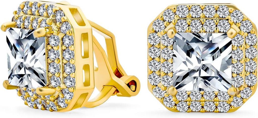 Bridal Art Deco Estate Jewelry Style Fashion Simulated Emerald Green Cubic Zirconia Pave Baguette Halo AAA CZ Square Large Oval Stud Clip On Earrings For Women Wedding Yellow 14K Gold Silver Plated